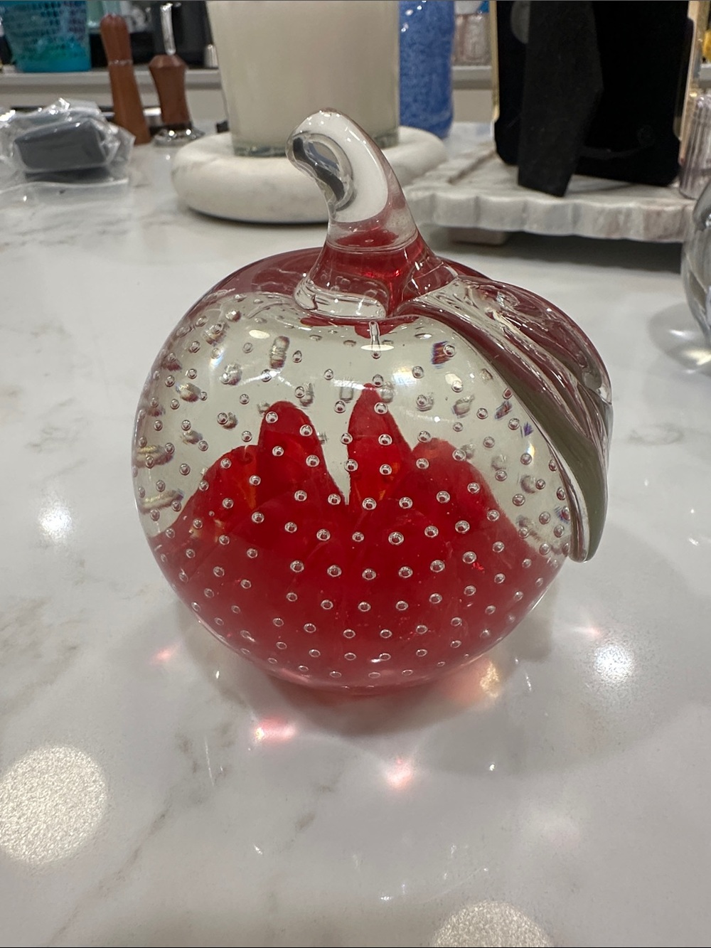 SOLD | Red Glass Apple Paperweight with Bubble Design
